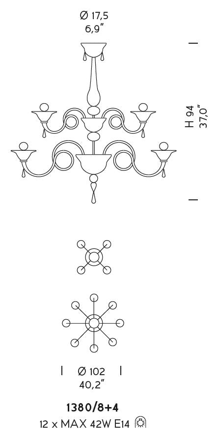 Sylcom Dolfin 1380/8+4-K-D.A Amber Detailing Chandelier in Polished Chrome Metal Finish