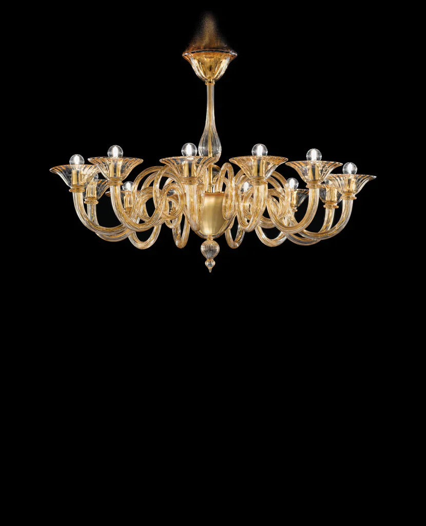 Sylcom Dolfin 1382/12-D-D.A Amber Detailing Chandelier in Polished Gold Metal Finish
