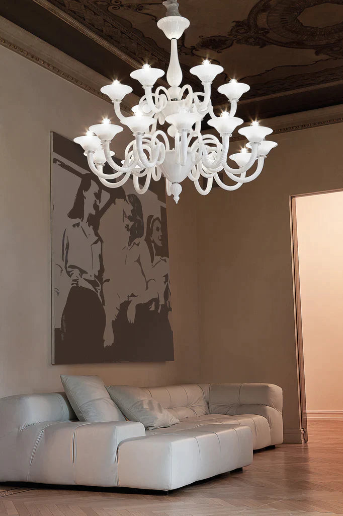 Sylcom Dolfin 1382/12+6-K-BL.CR Milk White and Clear Chandelier in Polished Chrome Metal Finish
