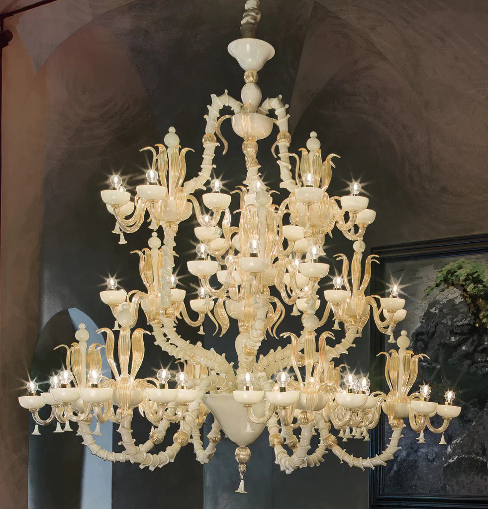 Sylcom Foscari 1520/3-D-BLAV.ORO Milky Ivory 24 Kt Gold Chandelier in Polished Gold Metal Finish