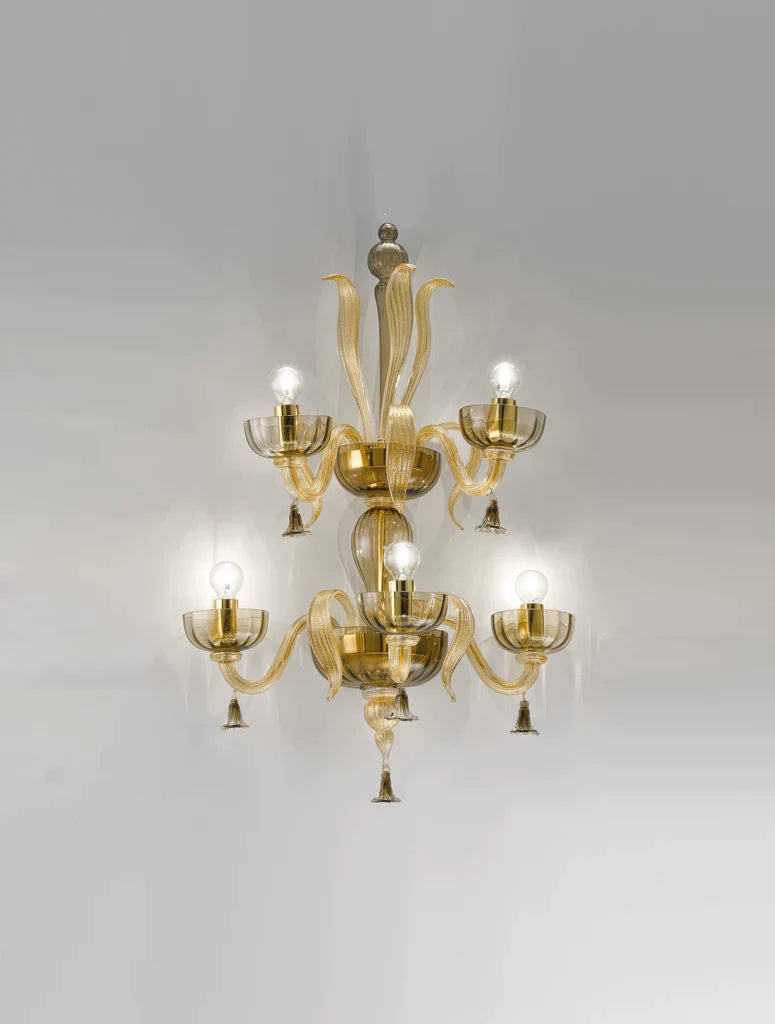 Sylcom Foscari 1524/A3+2-D-FU.ORO Smoked and 24 Kt Gold Wall Lamp in Polished Gold Metal Finish