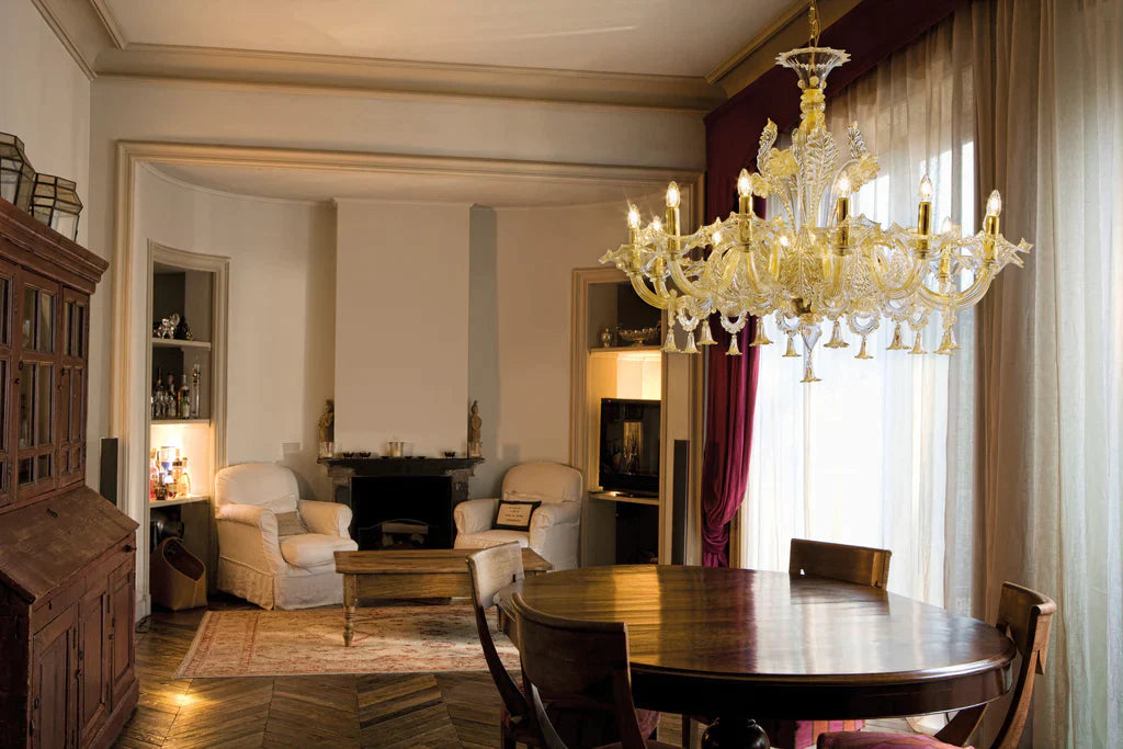 Sylcom Giustinian 1377/12-D-CR.ORO Clear and 24Kt Gold Chandelier in Polished Gold Metal Finish