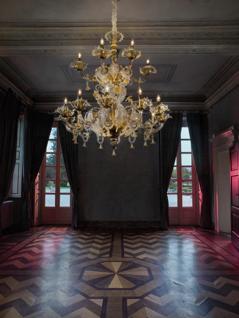 Sylcom Giustinian 1377/12+6-D-FU.ORO Smoked and 24Kt Gold Chandelier in Polished Gold Metal Finish