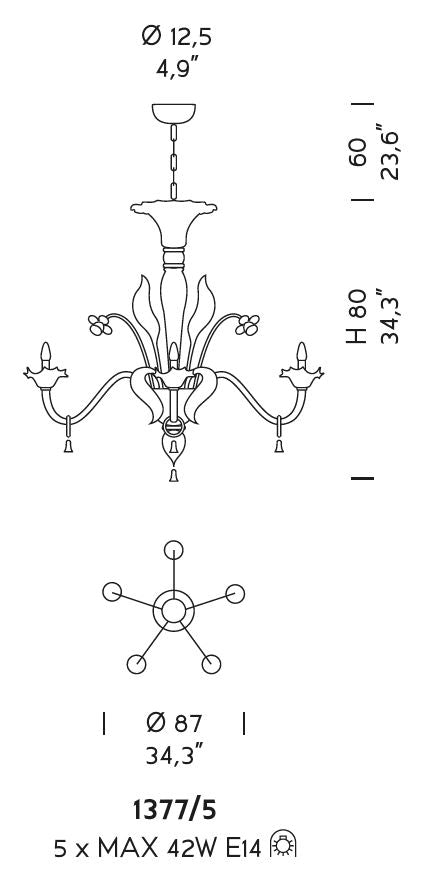 Sylcom Giustinian 1377/5-D-FU.ORO Smoked and 24Kt Gold Chandelier in Polished Gold Metal Finish