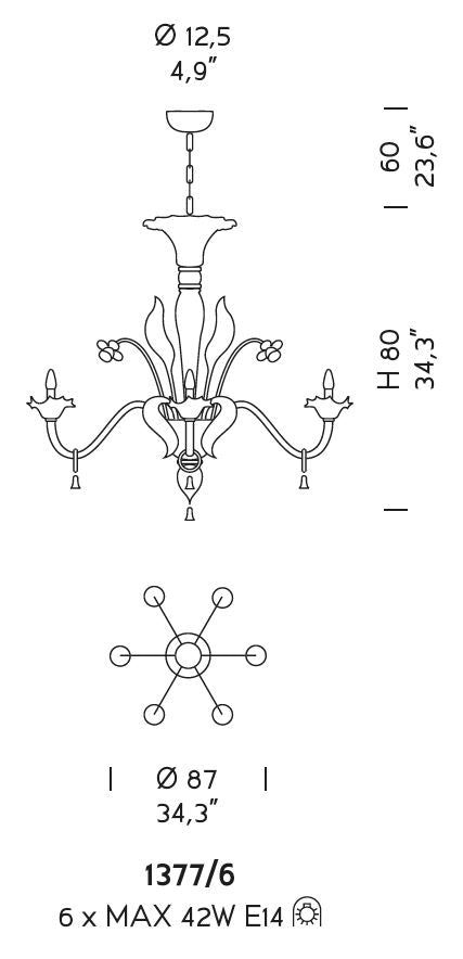 Sylcom Giustinian 1377/6-K-CR Clear Chandelier in Polished Chrome Metal Finish