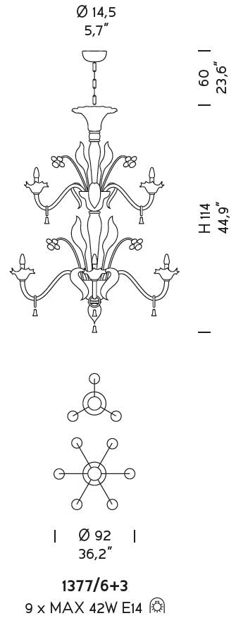 Sylcom Giustinian 1377/6+3-D-CR Clear Chandelier in Polished Gold Metal Finish