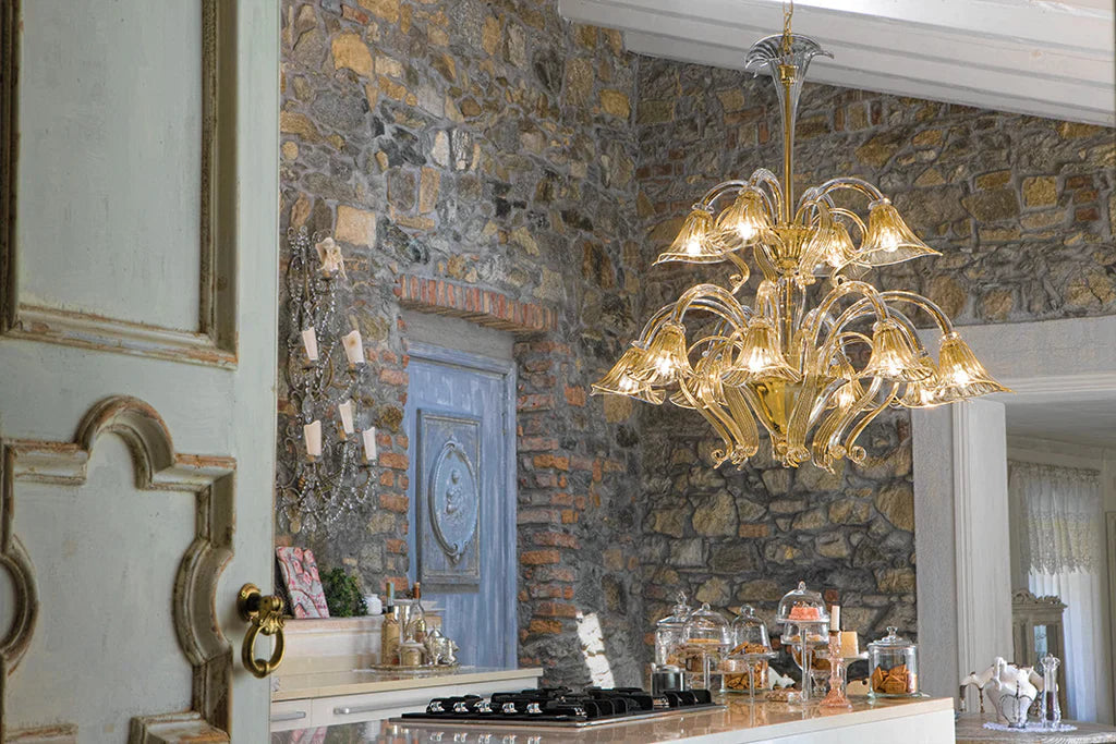 Sylcom Grimani 1479/3-D-CR.ORO Clear and 24 Kt Gold Chandelier in Polished Gold Metal Finish