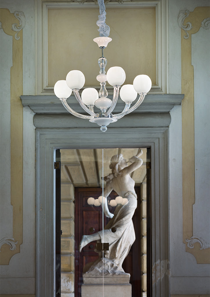 Sylcom Gritti 1530/5-K-DEN Milky Ivory and Smoked Chandelier in Polished Chrome Metal Finish