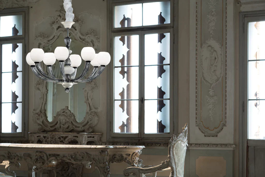Sylcom Gritti 1530/5-K-DEN Milky Ivory and Smoked Chandelier in Polished Chrome Metal Finish