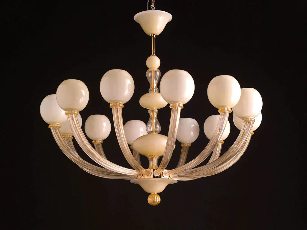 Sylcom Gritti 1530/8-K-OCE Milky Ivory 24Kt Gold Chandelier in Polished Gold Metal Finish