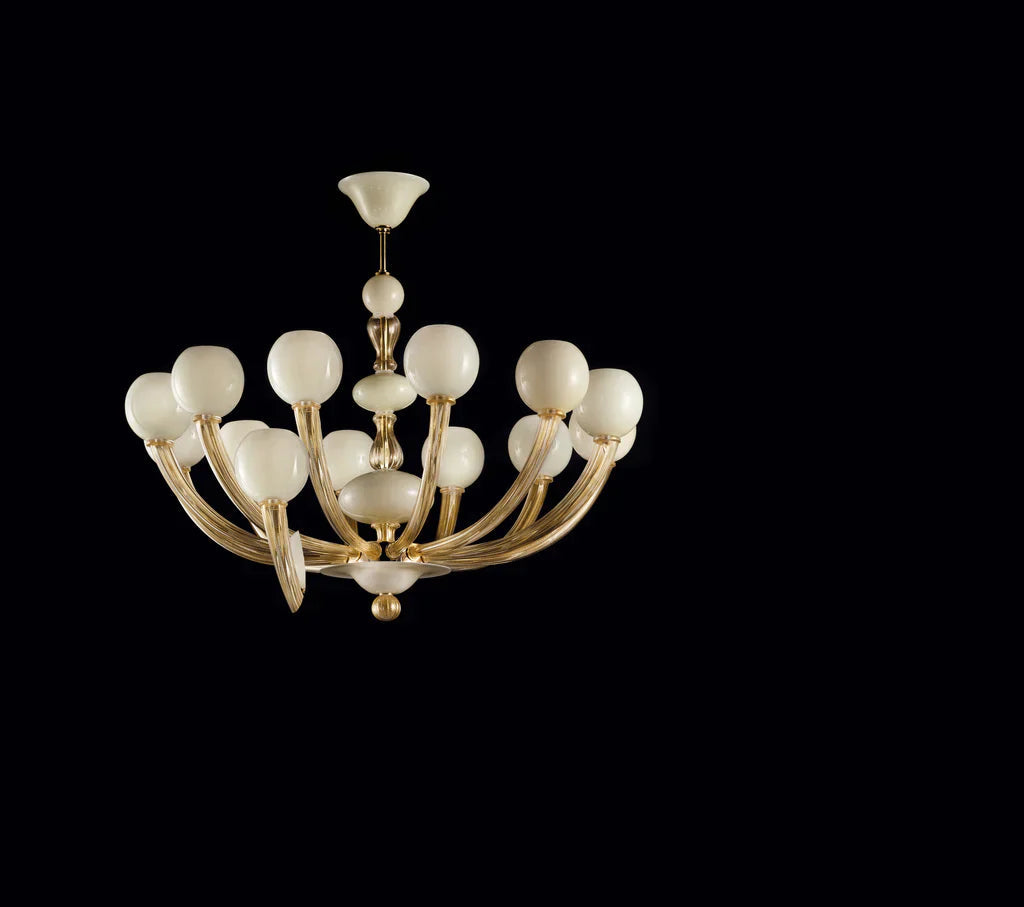 Sylcom Gritti 1530/8-K-OCE Milky Ivory 24Kt Gold Chandelier in Polished Gold Metal Finish