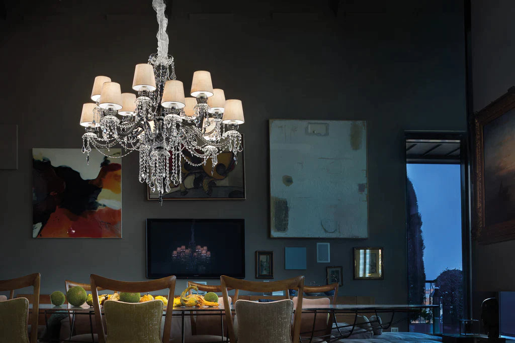Sylcom Michiel 670/12+12-K-BL Milk White with lead pendants Chandelier in Polished Chrome Metal Finish