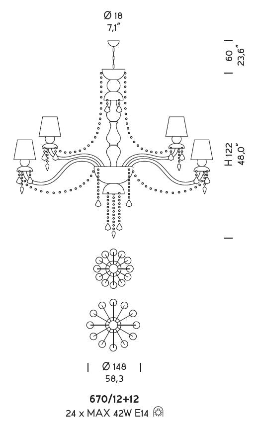 Sylcom Michiel 670/12+12-K-DEN Denim with lead pendants Chandelier in Polished Chrome Metal Finish