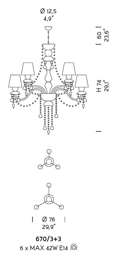 Sylcom Michiel 670/3+3-D-D.A Amber Detailing Chandelier in Polished Gold Metal Finish