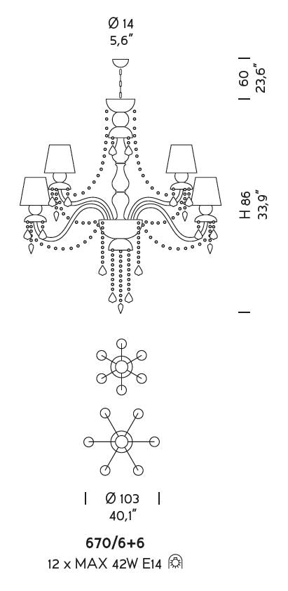 Sylcom Michiel 670/6+6-D-AMT Amethyst with lead pendants Chandelier in Polished Gold Metal Finish