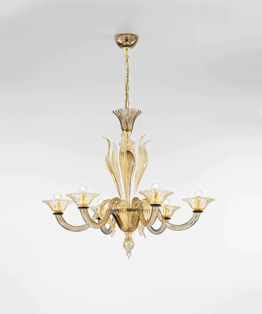 Sylcom Pisani 1430/6-D-FU.ORO Smoked and 24 Kt Gold Chandelier in Polished Gold Metal Finish