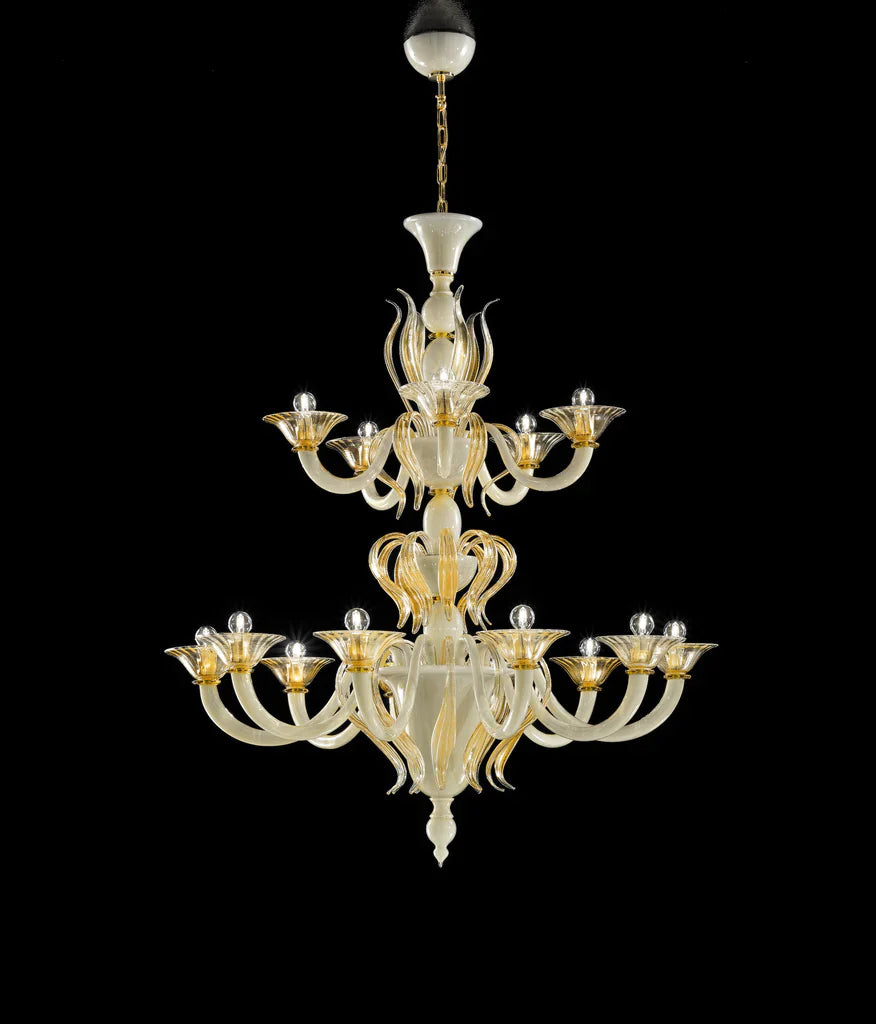 Sylcom Pisani 1431/10+5-D-BLAV.ORO Ivory and 24Kt Gold Chandelier in Polished Gold Metal Finish