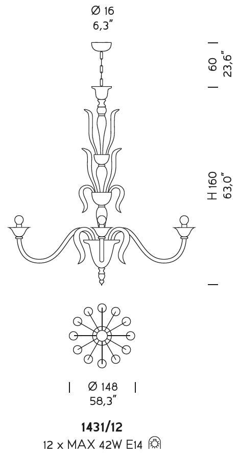 Sylcom Pisani 1431/12-K-CR Clear Chandelier in Polished Chrome Metal Finish