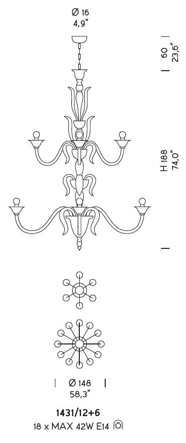 Sylcom Pisani 1431/12+6-K-CR Clear Chandelier in Polished Chrome Metal Finish