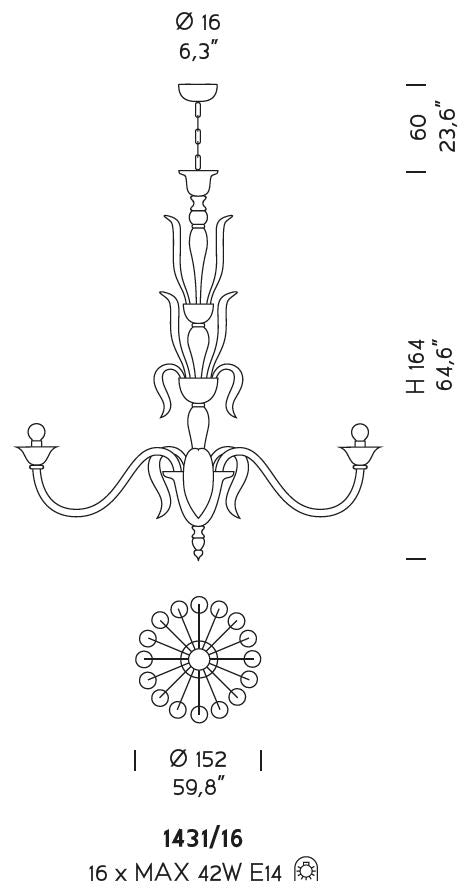 Sylcom Pisani 1431/16-D-CR Clear Chandelier in Polished Gold Metal Finish