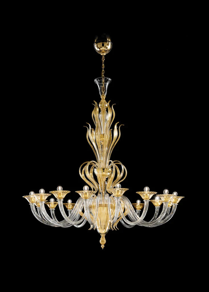 Sylcom Pisani 1431/16-D-CR.ORO Clear and 24 Kt Gold Chandelier in Polished Gold Metal Finish