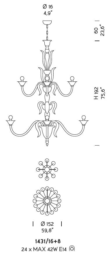 Sylcom Pisani 1431/16+8-K-CR Clear Chandelier in Polished Chrome Metal Finish