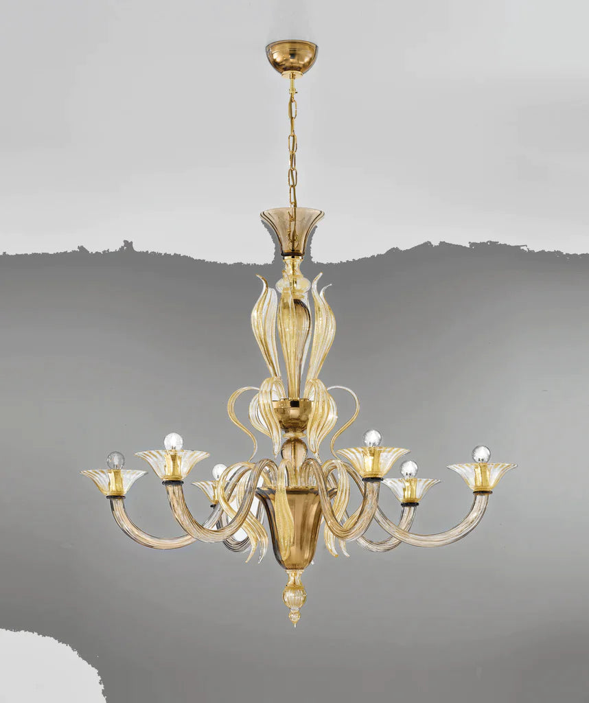 Sylcom Pisani 1431/6-D-FU.ORO Smoked and 24 Kt Gold Chandelier in Polished Gold Metal Finish
