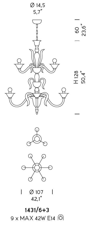 Sylcom Pisani 1431/6+3-D-BLAV Ivory Chandelier in Polished Gold Metal Finish