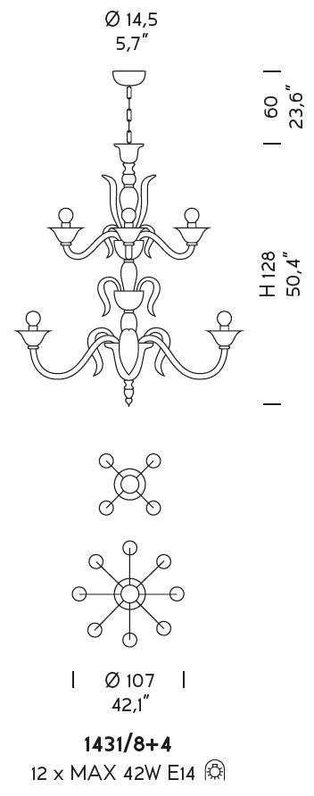 Sylcom Pisani 1431/8+4-D-BLAV Ivory Chandelier in Polished Gold Metal Finish