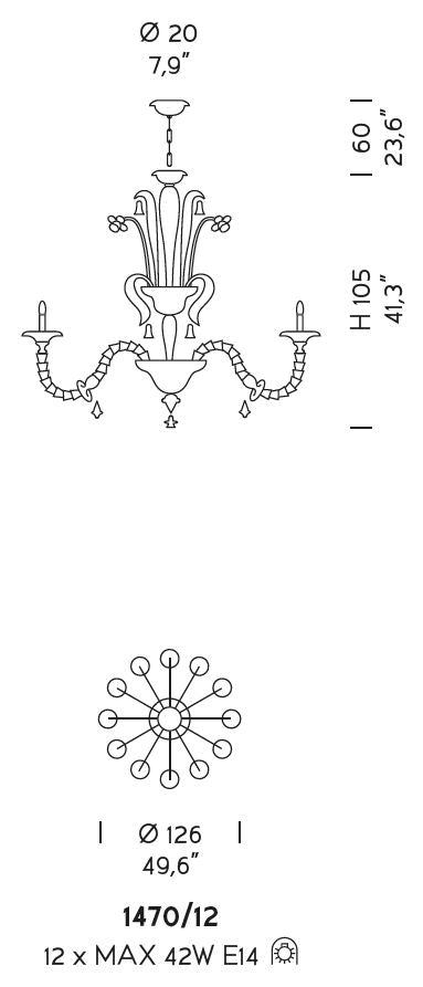 Sylcom Rezzonico 1470/12-PA-BL.CR Milk White and Clear Chandelier in Silver Bronzing Metal Finish