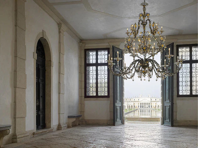 Sylcom Rezzonico 1470/8-PA-BLU.ORO Blue and 24Kt Gold Chandelier in Silver Bronzing Metal Finish