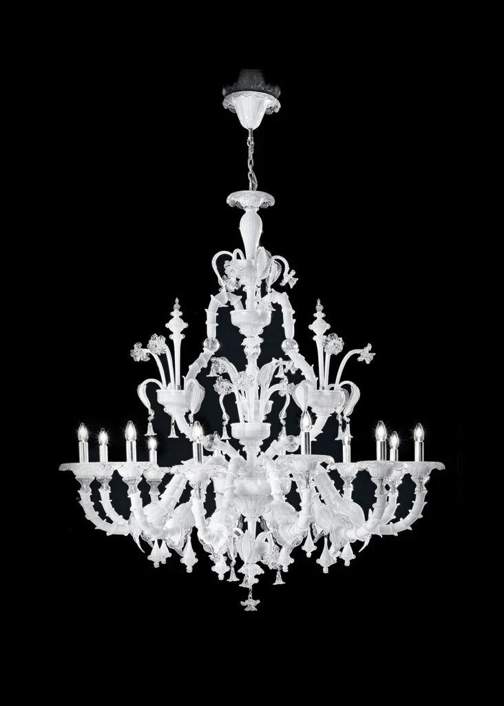 Sylcom Rezzonico 1471/12-PA-BL.CR Milk White and Clear Chandelier in Silver Bronzing Metal Finish