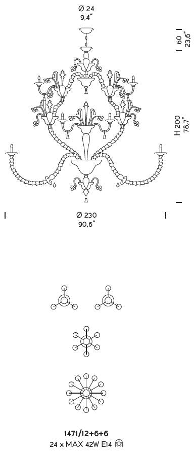 Sylcom Rezzonico 1471/12+6+6-PA-BL.CR Milk White and Clear Chandelier in Silver Bronzing Metal Finish