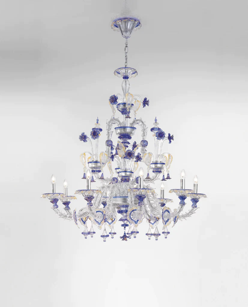 Sylcom Rezzonico 1471/9-PA-BLU.ORO Blue and 24Kt Gold Chandelier in Silver Bronzing Metal Finish