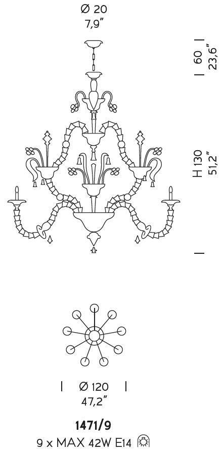 Sylcom Rezzonico 1471/9-PA-CR Clear Chandelier in Silver Bronzing Metal Finish