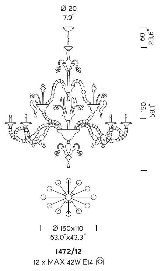 Sylcom Rezzonico 1472/12-PA-BL.CR Milk White and Clear Chandelier in Silver Bronzing Metal Finish