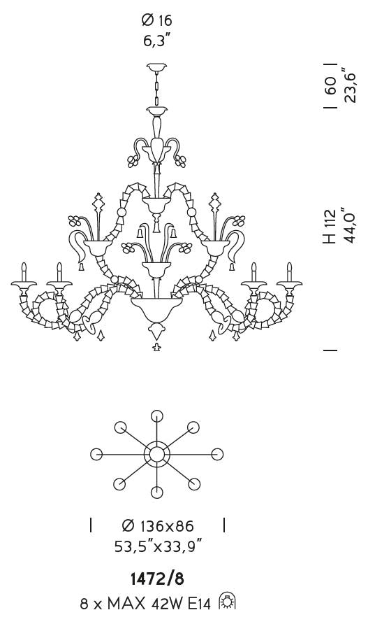 Sylcom Rezzonico 1472/8-PA-FU.ORO Smoked and 24 Kt Gold Chandelier in Silver Bronzing Metal Finish
