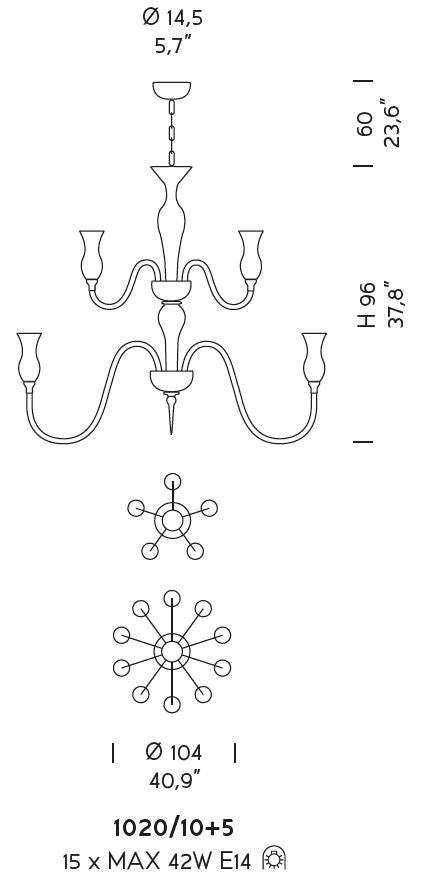 Sylcom Teodato 1020/10+5-K-FU Smoked Chandelier in Polished Chrome Metal Finish
