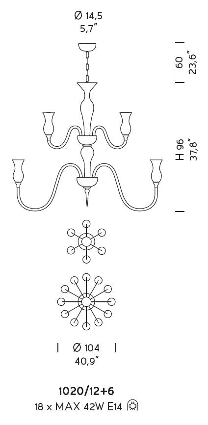 Sylcom Teodato 1020/12+6-K-CR Clear Chandelier in Polished Chrome Metal Finish