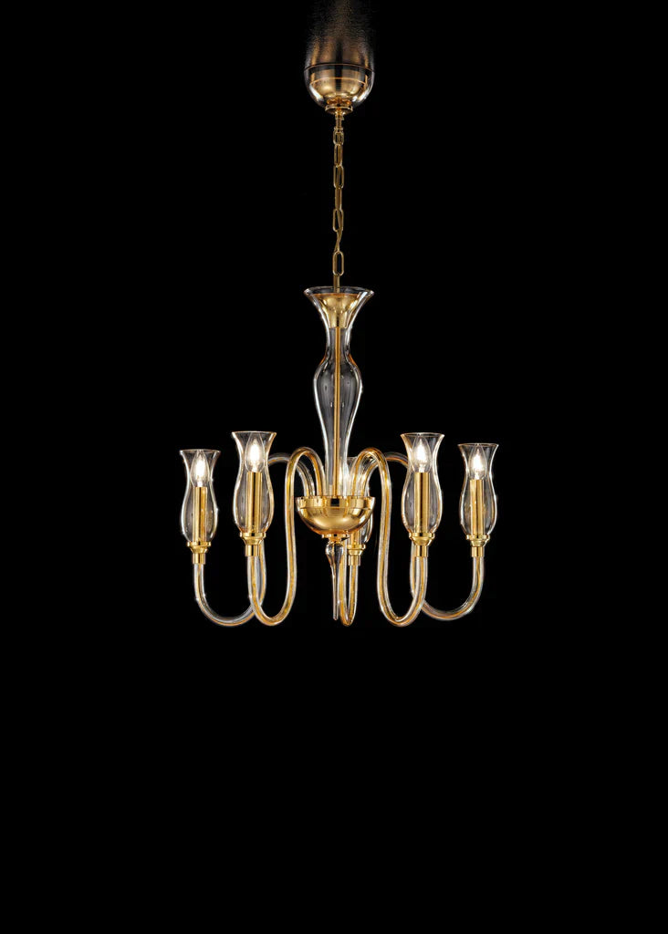 Sylcom Teodato 1020/5-D-D.A Amber Detailing Chandelier in Polished Gold Metal Finish