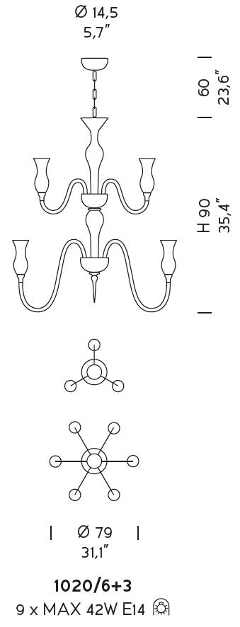 Sylcom Teodato 1020/6+3-K-CR Clear Chandelier in Polished Chrome Metal Finish