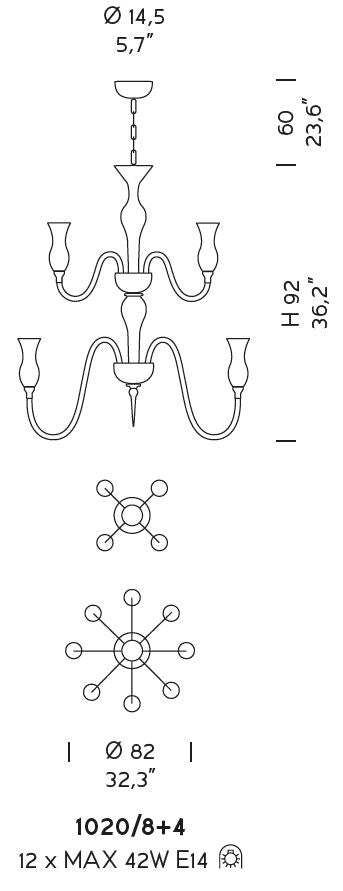 Sylcom Teodato 1020/8+4-D-BL Milk White Chandelier in Polished Gold Metal Finish