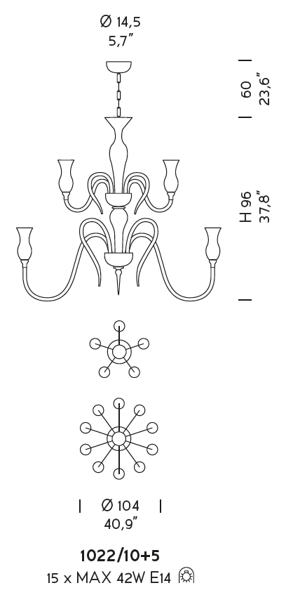 Sylcom Teodato 1022/10+5-K-CR Clear Chandelier in Polished Chrome Metal Finish
