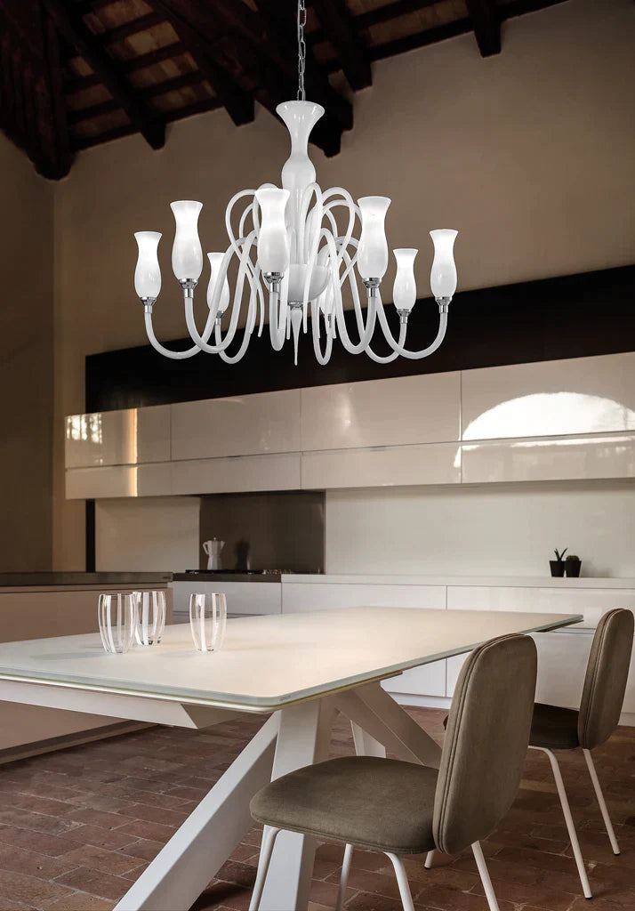Sylcom Teodato 1022/8-K-BL Milk White Chandelier in Polished Chrome Metal Finish
