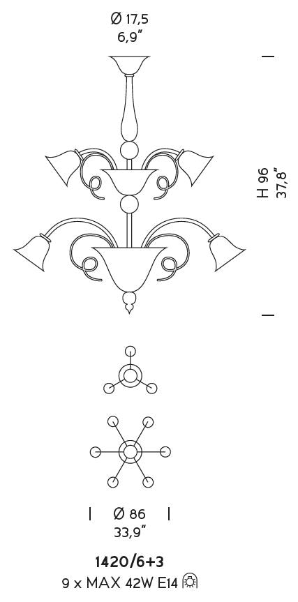 Sylcom Venier 1420/6+3-K-CR Clear Chandelier in Polished Chrome Metal Finish