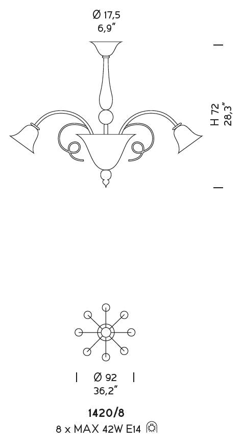 Sylcom Venier 1420/8-D-D.A Amber Detailing Chandelier in Polished Gold Metal Finish