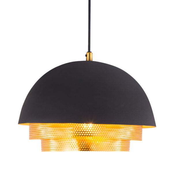 TOV Furniture Luxor Small Pendant Light With Matte Black Dome Shade and Two Tier Brass Rings