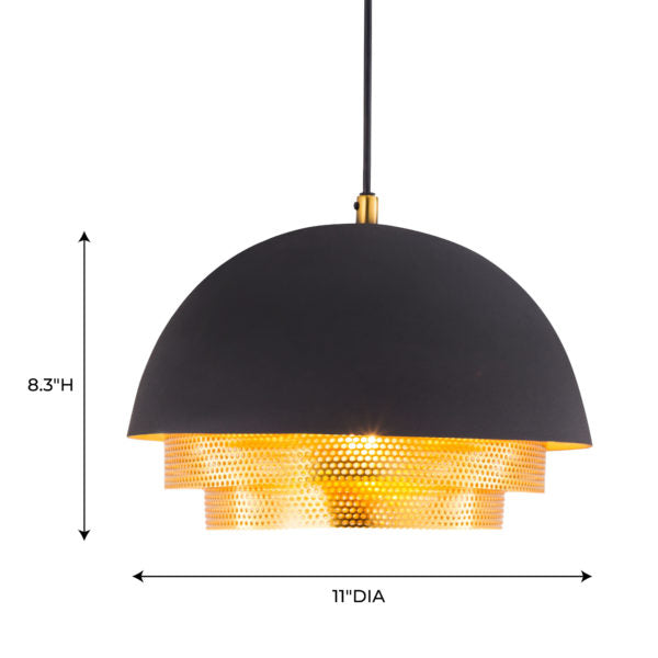 TOV Furniture Luxor Small Pendant Light With Matte Black Dome Shade and Two Tier Brass Rings