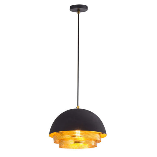 TOV Furniture Luxor Small Pendant Light With Matte Black Dome Shade and Two Tier Brass Rings