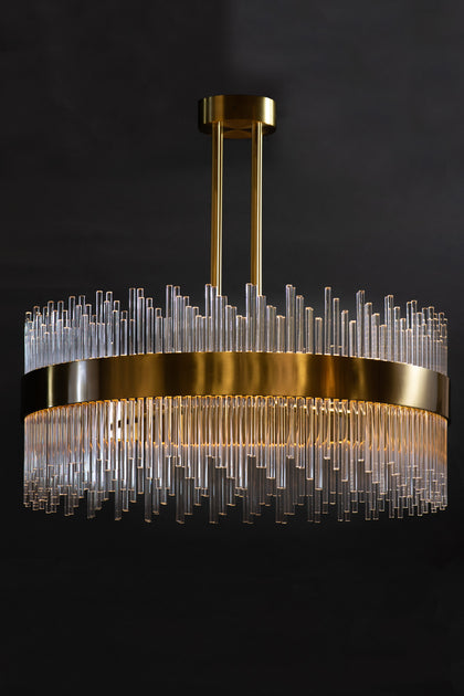 The Vault Sabina 32" Satin Brass Round Chandelier With Clear Glass Rods